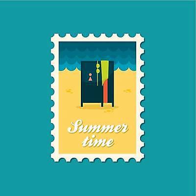 EPS 해외이미지 수영복 바다 일러스트 해변 사람없음 파란색 노란색 탈의실 우표 걸기 해외일러스트 옷 컬러 모션 파일형식 벡터 이미지허브