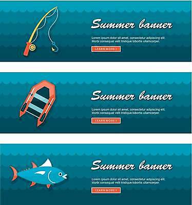 EPS 해외이미지 배너 가로배너 일러스트 낚시 어류 사람없음 파란색 보트 낚싯대 배너세트 해외일러스트 컬러 배_교통 레저 가로 세트 수중동물 낚시용품 파일형식 벡터 이미지허브