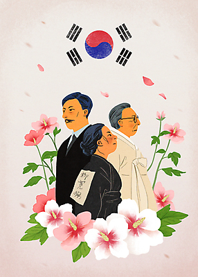PSD 여자 남자 꽃잎 분홍색 일러스트 성인 세명 태극기 한복 삼일절 무궁화 김구 독립운동 독립운동가 유관순 안창호 성인만 만세운동 국내일러스트 한국전통 꽃 컬러 사람 공휴일 국기 전통의상 국경일 위인 파일형식