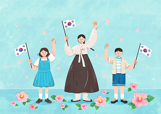 전신 PSD 여자 남자 꽃잎 행복 어린이 일러스트 함께함 소녀 소년 성인 세명 파란색 만세 태극기 한복 삼일절 국경일 손인사 무궁화 독립운동 유관순 국내일러스트 한국전통 기념일 꽃 감정 컬러 컨셉 모션 사람 공휴일 인사 국기 전통의상 독립운동가 파일형식