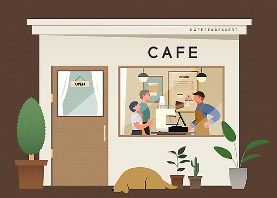 전신 나무 식물 한마리 여자 남자 화분 커피 허리손 일러스트 조명 상반신 성인 세명 갈색 카페 강아지 고객 직원 메뉴판 성인만 국내일러스트 AI파일 1 음료 컬러 포즈 사람 반려동물 상점 개 파일형식 벡터