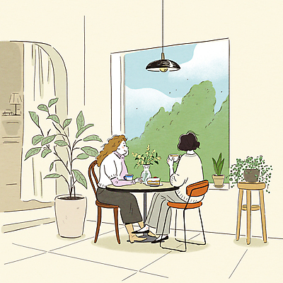 전신 PSD 나무 식물 응시 여자 화분 여유 커피 의자 일러스트 탁자 티타임 디저트 조명 들기 앉기 성인 두명 노란색 케이크 턱괴기 카페 커피잔 성인여자만 국내일러스트 시선 감정 음료 음식 컬러 가구 모션 휴식 잔 사람 상점 여자만 성인만 파일형식