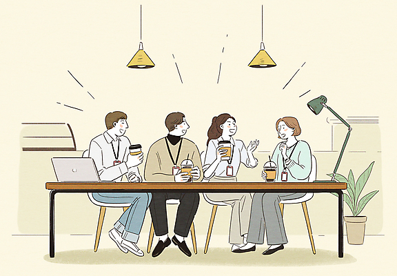 전신 PSD 여자 남자 화분 일러스트 탁자 티타임 휴식 조명 대화 들기 앉기 여러명 성인 노트북 노란색 카페 다리꼬기 스탠드 비즈니스맨 비즈니스우먼 아메리카노 사원증 테이크아웃컵 성인만 국내일러스트 커피 컬러 가구 다수 컨셉 비즈니스 모션 말하기 사람 컵 전자제품 상점 직장인 파일형식