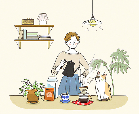 PSD 식물 한마리 응시 여자 화분 커피 허리손 일러스트 탁자 주전자 조명 선반 한명 들기 상반신 성인 노란색 고양이 우유 원두 붓기 커피잔 커피포트 컵받침 드립커피 핸드드립 성인여자한명만 반려묘 원두봉투 홈카페 국내일러스트 1 시선 음료 컬러 포즈 가구 포유류 모션 주방용품 봉투 잔 유제품 사람 반려동물 카페 받침대 커피용품 여자한명만 성인여자만 파일형식