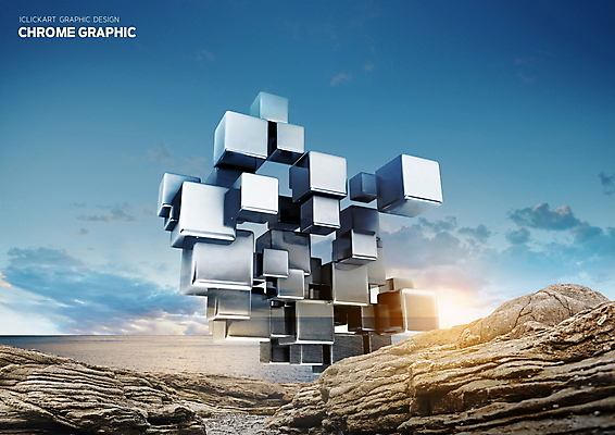 도형 PSD 구름 편집이미지 하늘 사람없음 그래픽 파란색 갈색 금속 암석 큐브 정사각형 입체도형 이미지편집 자연요소 컬러 재질 돌_바위 입체 파일형식