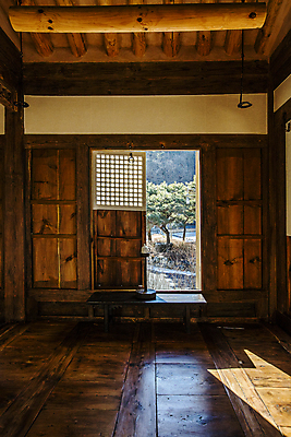 포토 JPG 주간 한옥 실내 사람없음 햇빛 소나무 경상북도 창호문 안동 국내포토 자연요소 나무 한국전통 고건축 내부 태양 문 경상도 파일형식