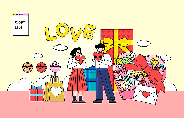 전신 구름 커플 여자 기념일 남자 꽃 리본 분홍색 일러스트 화이트데이 편지봉투 막대사탕 사탕 사랑 서기 들기 성인 두명 선물상자 쇼핑백 노란색 하트 3월 편지 풍선 하트상자 알사탕 하트꽃 성인만 국내일러스트 AI파일 자연요소 모양 식물 감정 컬러 가방 관계 모션 데이이벤트 디저트 봉투 선물 사람 이벤트 상자 날짜 파일형식 벡터