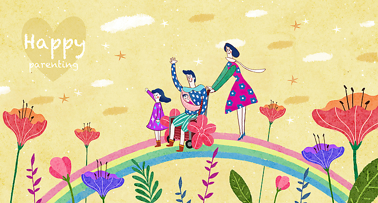 전신 PSD 구름 여자 남자 꽃 딸 행복 별 어린이 무지개 일러스트 가족 하늘 엄마 서기 앉기 소녀 여러명 성인 노란색 육아 아기 잡기 아빠 장애인 휠체어 손인사 건너기 비장애인 국내일러스트 자연요소 식물 감정 컬러 다수 관계 모션 사람 인사 장애 파일형식