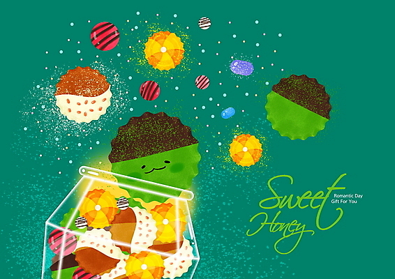 PSD 일러스트 유리병 디저트 발렌타인데이 사탕 타이포그라피 글자캘리그라피 사람없음 초록색 귀여움 초콜릿 달콤 알사탕 국내일러스트 문자 음식 컬러 컨셉 캘리그라피 데이이벤트 병_용기 맛 파일형식