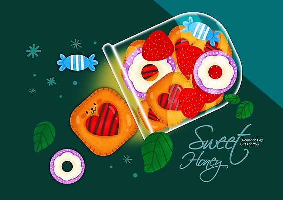 PSD 잎 일러스트 딸기 유리병 디저트 사탕 타이포그라피 글자캘리그라피 사람없음 초록색 쿠키 과자 귀여움 달콤 쏟아짐 알사탕 국내일러스트 식물 문자 음식 컬러 컨셉 과일 캘리그라피 모션 병_용기 맛 파일형식