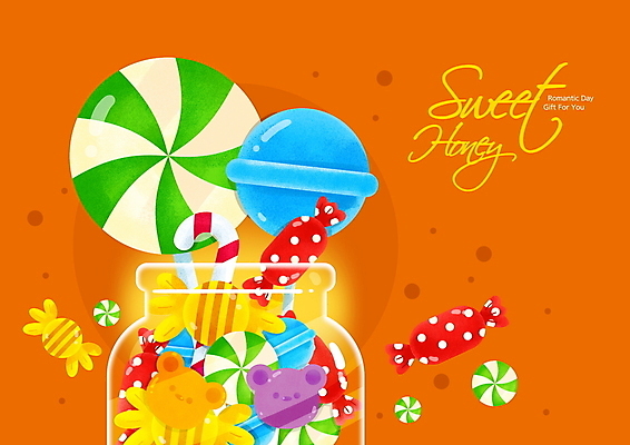 PSD 일러스트 화이트데이 유리병 디저트 막대사탕 사탕 타이포그라피 글자캘리그라피 사람없음 귀여움 주황색 달콤 곰모양 알사탕 국내일러스트 모양 문자 음식 컬러 컨셉 캘리그라피 곰 데이이벤트 병_용기 맛 파일형식