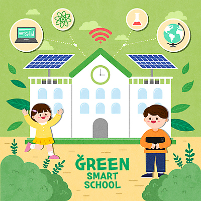 전신 식물 학생 여자 남자 어린이 일러스트 학교 나뭇잎 들기 소녀 소년 두명 연두색 노트북 태블릿 지구본 만세 친환경 태양에너지 와이파이 삼각플라스크 집열판 다리들기 어린이만 그린스마트스쿨 국내일러스트 AI파일 교육 잎 모션 사람 초록색 전자제품 스마트기기 환경 그린에너지 플라스크 무선인터넷 파일형식 벡터 한국판뉴딜