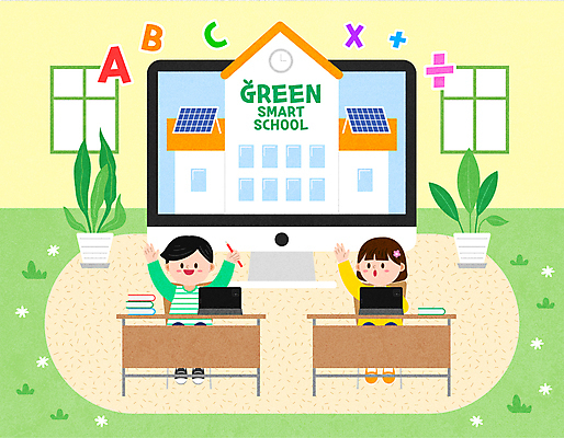 전신 학생 알파벳 영어 여자 남자 화분 어린이 일러스트 교실 학교 앉기 소녀 소년 두명 책 연두색 태블릿 노란색 손들기 모니터 수학 책상 친환경 태양에너지 집열판 수학기호 어린이만 그린스마트스쿨 국내일러스트 AI파일 문자 기호 교육 컬러 가구 교과목 모션 사람 초록색 전자제품 스마트기기 컴퓨터 환경 그린에너지 파일형식 벡터 한국판뉴딜