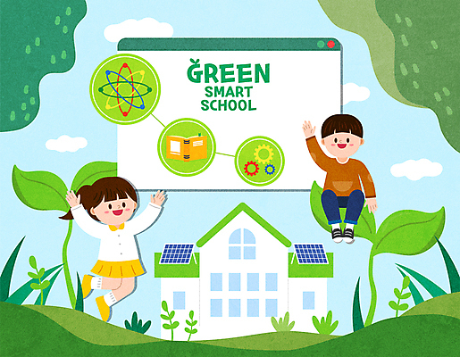전신 구름 학생 여자 남자 어린이 하늘색 일러스트 학교 앉기 소녀 소년 두명 책 초록색 손들기 새싹 점프 만세 톱니바퀴 친환경 태양에너지 집열판 어린이만 그린스마트스쿨 국내일러스트 AI파일 자연요소 식물 교육 컬러 모션 사람 파란색 환경 그린에너지 파일형식 벡터 한국판뉴딜