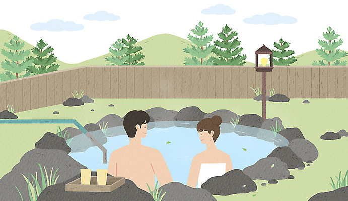 PSD 나무 커플 여자 남자 여유 일러스트 자연 휴식 조명 산 쟁반 상반신 성인 두명 연두색 울타리 온천 차 노천온천 노천욕 노천탕 온천여행 성인만 웰니스투어 국내일러스트 식물 감정 음료 여행 컨셉 관계 사람 초록색 담장 스파 생태계 신조어 파일형식