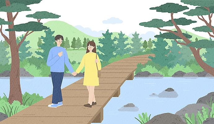 전신 PSD 여자 남자 일러스트 휴식 산 성인 두명 초록색 걷기 손잡기 산책 돌_바위 소나무 개울 숲 나무다리 성인만 웰니스투어 국내일러스트 나무 컬러 여행 컨셉 모션 사람 강 다리_건축물 신조어 파일형식