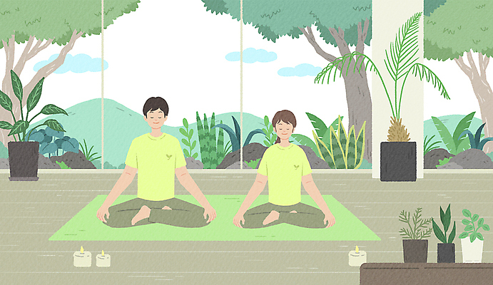 전신 PSD 나무 식물 여자 남자 화분 여유 일러스트 휴식 앉기 성인 두명 연두색 정원 눈감음 매트 숲 명상 향초 성인만 커플요가 웰니스투어 국내일러스트 감정 여행 컨셉 초 요가 모션 사람 초록색 신조어 파일형식