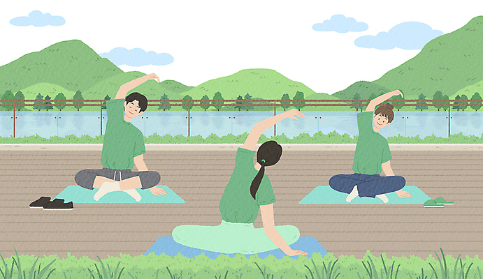 전신 PSD 구름 공원 여자 남자 여유 신발 일러스트 요가 수업 휴식 산 앉기 성인 세명 초록색 강 요가자세 매트 성인만 웰니스투어 국내일러스트 자연요소 웰빙 공공시설 교육 감정 컬러 여행 포즈 컨셉 모션 사람 신조어 파일형식