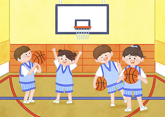 전신 PSD 여자 남자 어린이 일러스트 농구공 서기 들기 소녀 소년 여러명 노란색 만세 브이 농구대 농구복 농구장 어린이만 국내일러스트 컬러 다수 공 스포츠시설 모션 농구 사람 손짓 운동복 골대 파일형식