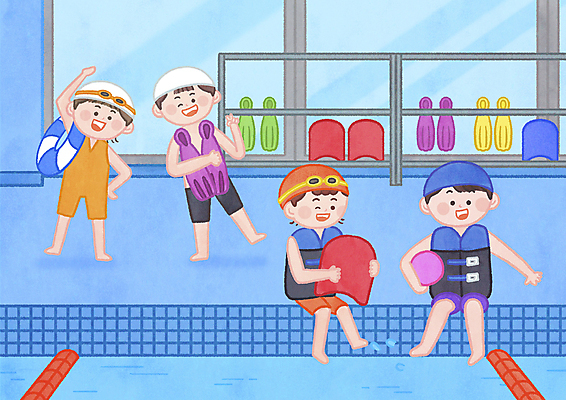 전신 PSD 여자 남자 수영복 어린이 일러스트 물장구 수영장 들기 앉기 소녀 소년 여러명 파란색 수영 스트레칭 물안경 오리발 브이 수영모 킥판 어린이만 실내수영장 국내일러스트 옷 컬러 다수 모션 물놀이 실내 사람 손짓 운동 수상스포츠 수영용품 파일형식