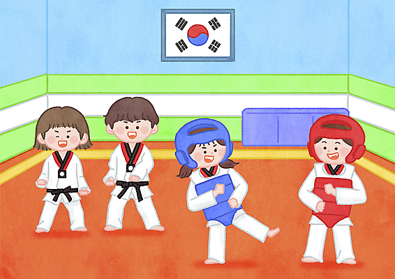 전신 PSD 여자 남자 어린이 일러스트 서기 소녀 소년 여러명 경쟁 주먹 격투기 펀치 태극기 보호장비 라이벌 태권도 서랍장 태권도복 품새 검은띠 다리들기 태권도장 어린이만 국내일러스트 스포츠용품 스포츠 가구 다수 컨셉 모션 도복 사람 장비 끈 국기 학원 파일형식