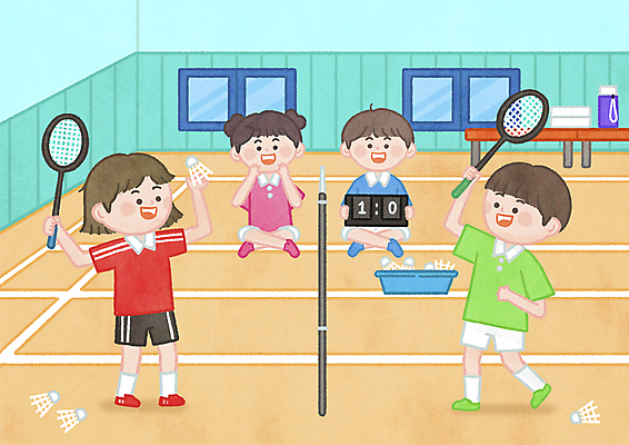 전신 PSD 여자 남자 어린이 일러스트 창문 응원 실내 서기 들기 앉기 소녀 경기 소년 여러명 바구니 경쟁 배드민턴라켓 네트 셔틀콕 배드민턴 배드민턴장 점수판 어린이만 국내일러스트 스포츠용품 스포츠 다수 컨셉 모션 사람 내부 구기 라켓 파일형식