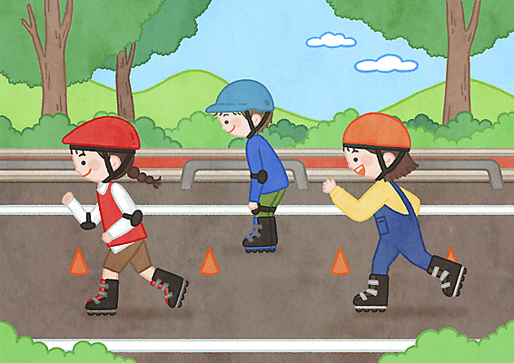 전신 PSD 나무 구름 공원 여자 남자 어린이 일러스트 하늘 산 소녀 소년 세명 달리기 풀 롤러블레이드 헬멧 보호장비 즐거움 칼라콘 어린이만 국내일러스트 자연요소 식물 공공시설 감정 모션 사람 취미 장비 안전장비 파일형식