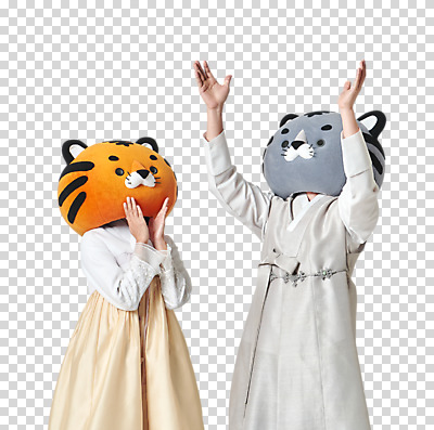 편집 편집이미지 여자 남자 새해 누끼 손짓 상반신 20대 성인 두명 앞모습 옆모습 설날 손들기 놀람 만세 한국인 올려보기 호랑이띠 호랑이 한복 호랑이캐릭터 PNG 동물탈 인형탈 성인만 편집소스 2022년 임인년 흑호 한국전통 명절 감정 뷰포인트 동물캐릭터 포유류 모션 표정 사람 동양인 청년 십이지신 전통의상 연도 탈 파일형식