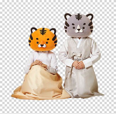 전신 편집 편집이미지 여자 남자 새해 누끼 앉기 20대 성인 두명 앞모습 설날 한국인 호랑이띠 호랑이 무릎꿇기 한복 호랑이캐릭터 손모으기 PNG 동물탈 인형탈 성인만 편집소스 2022년 임인년 흑호 한국전통 명절 뷰포인트 동물캐릭터 포유류 모션 사람 동양인 손짓 청년 십이지신 전통의상 연도 탈 파일형식