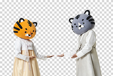 편집 편집이미지 여자 남자 새해 안내 누끼 상반신 20대 성인 두명 옆모습 설날 손들기 한국인 가리킴 호랑이띠 호랑이 한복 호랑이캐릭터 PNG 동물탈 인형탈 성인만 편집소스 2022년 임인년 흑호 한국전통 명절 뷰포인트 동물캐릭터 포유류 모션 사람 동양인 손짓 청년 십이지신 전통의상 연도 탈 파일형식