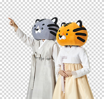 편집 편집이미지 여자 남자 새해 누끼 상반신 20대 성인 두명 앞모습 옆모습 설날 손들기 한국인 가리킴 호랑이띠 호랑이 한복 호랑이캐릭터 손모으기 PNG 동물탈 인형탈 성인만 편집소스 2022년 임인년 흑호 한국전통 명절 뷰포인트 동물캐릭터 포유류 모션 사람 동양인 손짓 청년 십이지신 전통의상 연도 탈 파일형식