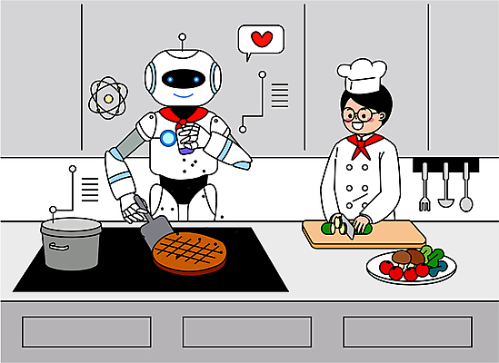 남자 말풍선 일러스트 식재료 미래 도마 함께함 스테이크 요리 한명 상반신 성인 주방 요리사 하트 자르기 굽기 재료손질 뿌리기 스마트 로봇 조리대 뒤집개 요리중 로봇산업 성인남자한명만 안경낌 휴머노이드 미래산업 AI_인공지능 국내일러스트 AI파일 모양 직업 1 산업 안경 컨셉 모션 주방용품 서양음식 사람 구이 손질 남자한명만 성인남자만 파일형식 벡터