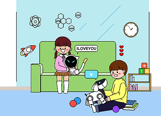 전신 여자 남자 어린이 시계 말풍선 일러스트 공 안기 미래 선반 함께함 사랑 앉기 소녀 소년 두명 책 소파 고양이 블록 로켓 하트 스마트 로봇 즐거움 로봇산업 분자구조 아이러브유 어린이만 로봇강아지 미래산업 AI_인공지능 국내일러스트 AI파일 모양 감정 산업 가구 컨셉 의자 포유류 모션 사람 반려동물 파일형식 벡터