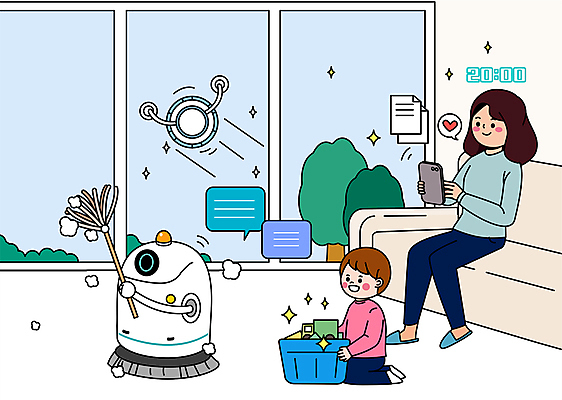 전신 나무 여자 남자 어린이 말풍선 가사 거실 일러스트 창문 미래 휴식 들기 앉기 소년 성인 두명 스마트폰 소파 바구니 깨끗함 먼지떨이 청소 스마트 로봇 편리함 로봇산업 먼지털기 창문닦기 청소로봇 미래산업 AI_인공지능 국내일러스트 AI파일 모자관계 식물 산업 아들 컨셉 의자 가족 모션 엄마 사람 핸드폰 스마트기기 청소도구 닦기 파일형식 벡터