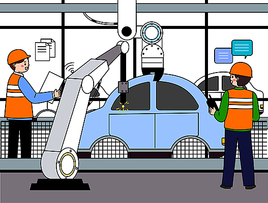 전신 남자 말풍선 일러스트 자동차 미래 노동자 작업복 서기 들기 성인 두명 스마트 로봇 무전기 로봇산업 산업근로자 산업용로봇 자동화 자동화기기 성인남자만 자동차공장 미래산업 AI_인공지능 국내일러스트 AI파일 직업 옷 산업 육상교통 컨셉 공장 모션 무선통신 사람 기계 남자만 성인만 파일형식 벡터