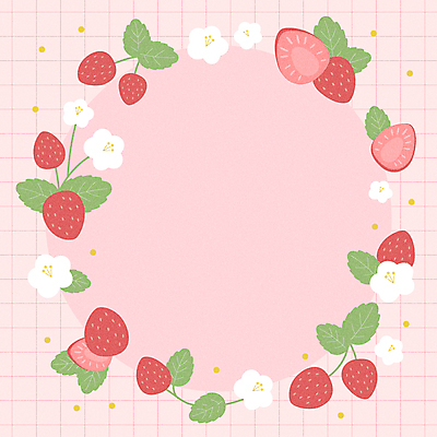 분홍색 백그라운드 잎 일러스트 딸기 프레임 사람없음 격자 원형프레임 딸기꽃 카피스페이스 딸기잎 제철과일 국내일러스트 AI파일 식물 꽃 컬러 무늬 과일 공백 원형 제철 파일형식 벡터