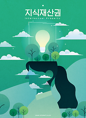 나무 식물 구름 여자 생각 일러스트 전구 산 아이디어 한명 상반신 성인 타이포그라피 초록색 숲 성인여자한명만 저작권 지식재산권 국내일러스트 AI파일 자연요소 문자 1 컬러 컨셉 사람 여자한명만 성인여자만 파일형식 벡터 권리