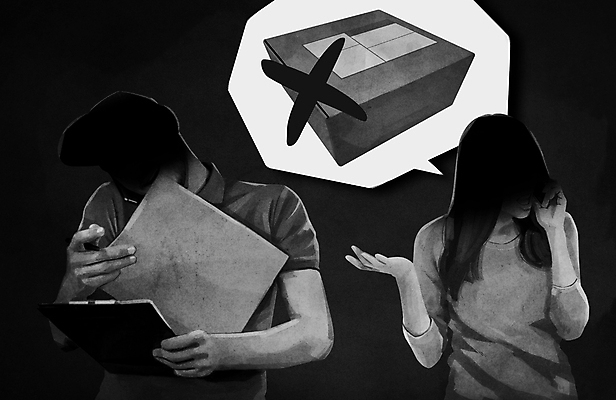 PSD 여자 남자 말풍선 일러스트 들기 상반신 성인 두명 검은색 택배기사 X 확인 택배 문서 통화 택배상자 거짓말 분실 서류판 성인만 먹튀 국내일러스트 알파벳 컬러 모션 사람 상자 사무용품 운송업 배달원 파일형식