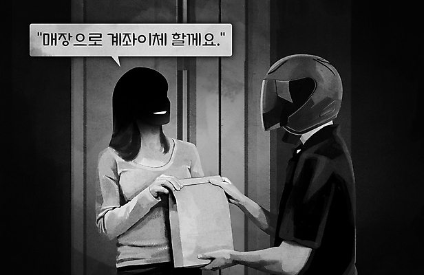 PSD 여자 남자 말풍선 일러스트 들기 상반신 성인 두명 종이봉투 검은색 배달원 현관문 주기 결제 거짓말 계좌이체 라이더 배달음식 성인만 비용 음식배달 먹튀 국내일러스트 직업 음식 컬러 모션 봉투 사람 경제 문 배송 배달 파일형식