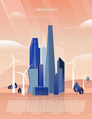 나무 구름 일러스트 사람없음 햇빛 고층빌딩 도시 발전 그린에너지 풍력에너지 연결 친환경 태양에너지 집열판 코랄 탄소제로 그린플레이션 국내일러스트 AI파일 자연요소 식물 컬러 컨셉 빌딩 태양 환경 에너지 파일형식 벡터 인플레이션