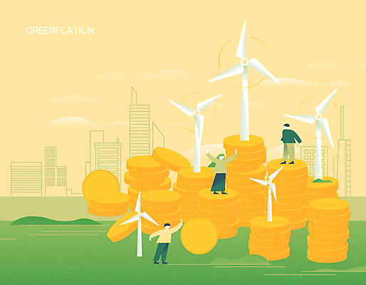 전신 여자 남자 일러스트 서기 여러명 성인 세명 연두색 노란색 손들기 동전 만세 도시 그린에너지 풍력에너지 상승 동전탑 성인만 비용 그린플레이션 국내일러스트 AI파일 컬러 다수 컨셉 돈 모션 사람 초록색 경제 쌓기 에너지 파일형식 벡터 인플레이션