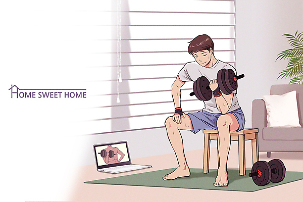 전신 PSD 식물 남자 쿠션 의자 일러스트 집안 들기 앉기 상반신 성인 두명 노트북 소파 운동 아령 회색 매트 힐링 성인남자만 홈트레이닝 국내일러스트 컬러 가구 모션 실내 건강 사람 전자제품 남자만 성인만 파일형식