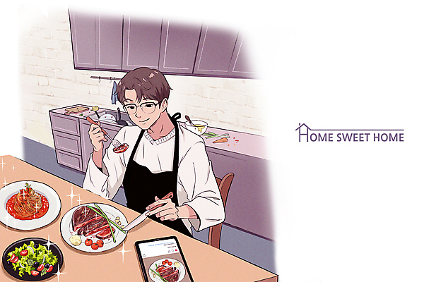 PSD 응시 남자 포크 일러스트 파스타 스테이크 요리 한명 들기 앉기 상반신 성인 태블릿 주방 앞치마 샐러드 나이프 먹기 힐링 집밥 성인남자한명만 안경낌 국내일러스트 1 식기 시선 안경 음식 모션 서양음식 사람 전자제품 스마트기기 칼 남자한명만 성인남자만 파일형식