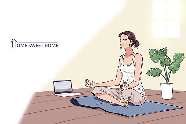 전신 PSD 여자 화분 일러스트 집안 한명 앉기 성인 노트북 눈감음 요가자세 매트 명상 힐링 몬스테라 베이지색 성인여자한명만 국내일러스트 식물 1 컬러 포즈 요가 모션 실내 사람 전자제품 여자한명만 성인여자만 파일형식