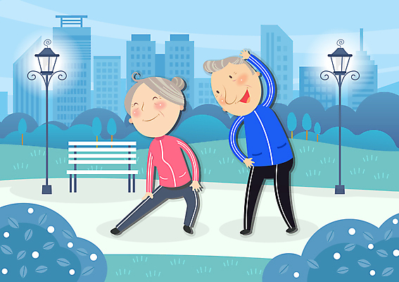 전신 공원 여자 할아버지 노년 남자 할머니 일러스트 미소 웃음 야외 두명 파란색 운동 건강관리 스트레칭 새벽 체조 하체운동 허리운동 노인만 국내일러스트 AI파일 자연요소 공공시설 컬러 표정 건강 관리 사람 성인 성인만 파일형식 벡터