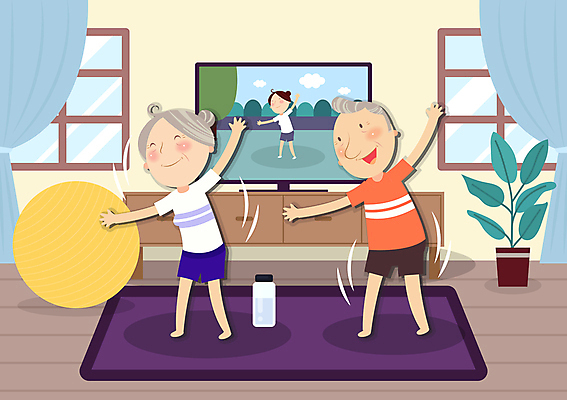 전신 여자 할아버지 노년 남자 화분 할머니 거실 일러스트 팔벌리기 실내 미소 웃음 성인 세명 운동복 운동 손들기 건강관리 텔레비전 매트 커튼 짐볼 물병 체조 홈트레이닝 거실장 국내일러스트 AI파일 옷 가구 모션 표정 건강 관리 사람 내부 전자제품 물통 파일형식 벡터