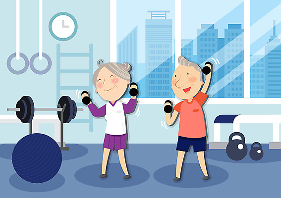 전신 여자 할아버지 노년 남자 할머니 시계 일러스트 실내 미소 웃음 들기 두명 건물 파란색 운동 손들기 건강관리 헬스 아령 헬스장 짐볼 역기 케틀벨 노인만 국내일러스트 AI파일 건축물 컬러 모션 표정 건강 관리 사람 성인 내부 성인만 파일형식 벡터