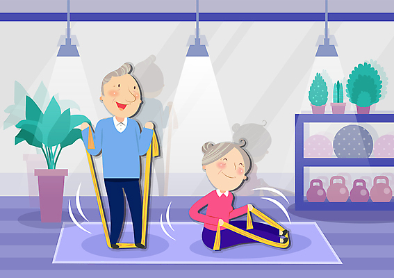 전신 여자 할아버지 노년 남자 화분 할머니 일러스트 조명 실내 서기 미소 웃음 앉기 취미 두명 운동 반사 건강관리 보라색 스트레칭 헬스장 매트 당기기 짐볼 벽거울 케틀벨 헬스밴드 노인만 국내일러스트 AI파일 컬러 모션 표정 건강 관리 사람 성인 내부 헬스 거울 성인만 파일형식 벡터