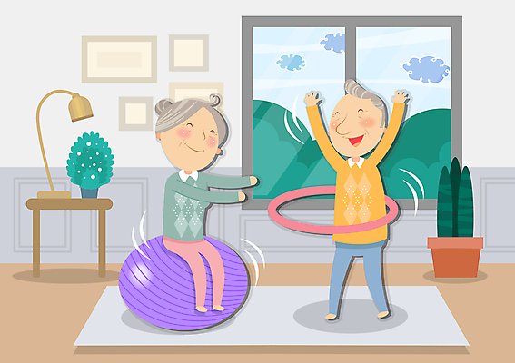 전신 여자 할아버지 노년 남자 화분 할머니 거실 일러스트 창문 실내 서기 미소 웃음 앉기 취미 두명 운동 건강관리 매트 스탠드 짐볼 훌라후프 훌라후프돌리기 노인만 홈트레이닝 국내일러스트 AI파일 모션 조명 표정 건강 관리 사람 성인 내부 성인만 파일형식 벡터