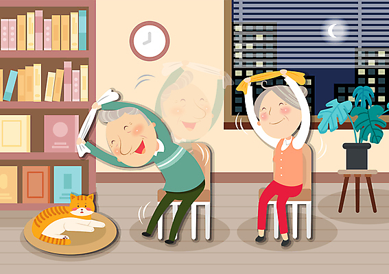 전신 한마리 여자 할아버지 노년 남자 화분 할머니 시계 의자 일러스트 책장 실내 미소 웃음 들기 앉기 두명 책 수건 운동 건강관리 고양이 스트레칭 서재 저녁 노인만 반려묘 국내일러스트 AI파일 1 가구 포유류 모션 표정 건강 관리 사람 성인 내부 반려동물 위생용품 야간 성인만 파일형식 벡터